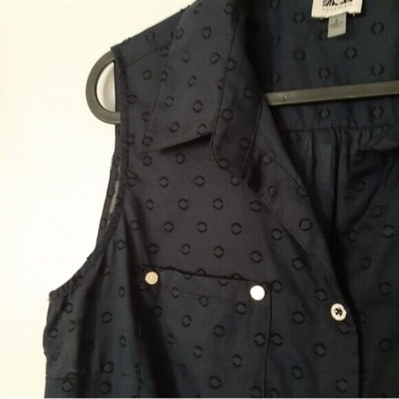 ANNE KLEIN Sleeveless Blouse Bottom Tie Semisheer Navy Blue Sz S - Picture 3 of 13